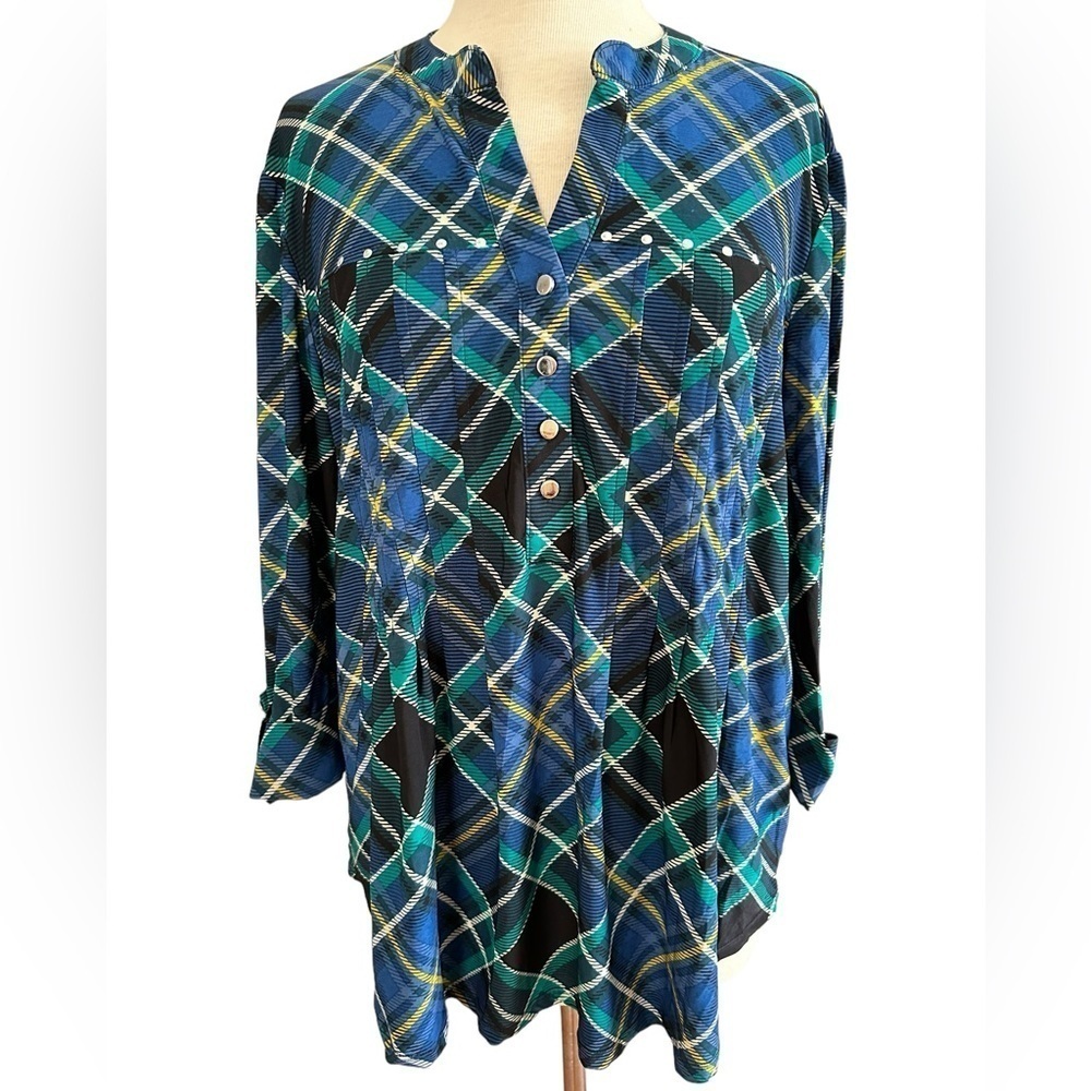 COCOMO XL Blue Green Yellow 3/4 sleeve women’s pintuck Blouse top tunic …